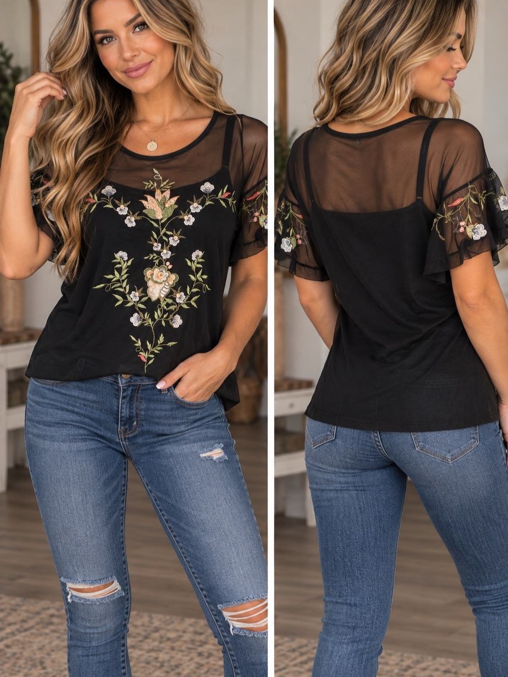 GRAND & GREENE Floral Mesh Short Sleeve Top in Black Small Like New